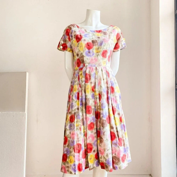 Vintage 50s 60s Floral Watercolour Print Fit and Flare Dress S/M - Picture 3 of 12